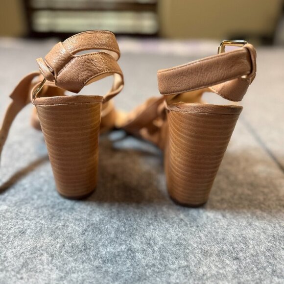 Nine West Farfalla Womens US 9 M Sandals Tan Leather Ankle T-Strap Wedge Heel - Picture 2 of 6